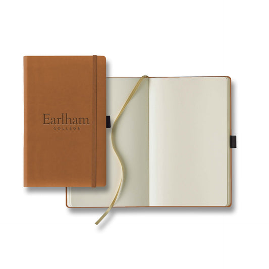 Two Debossed Earlham College Journals with brown leather soft covers rest on a white background—one closed, the other open to show blank FSC certified pages and a gold ribbon bookmark.