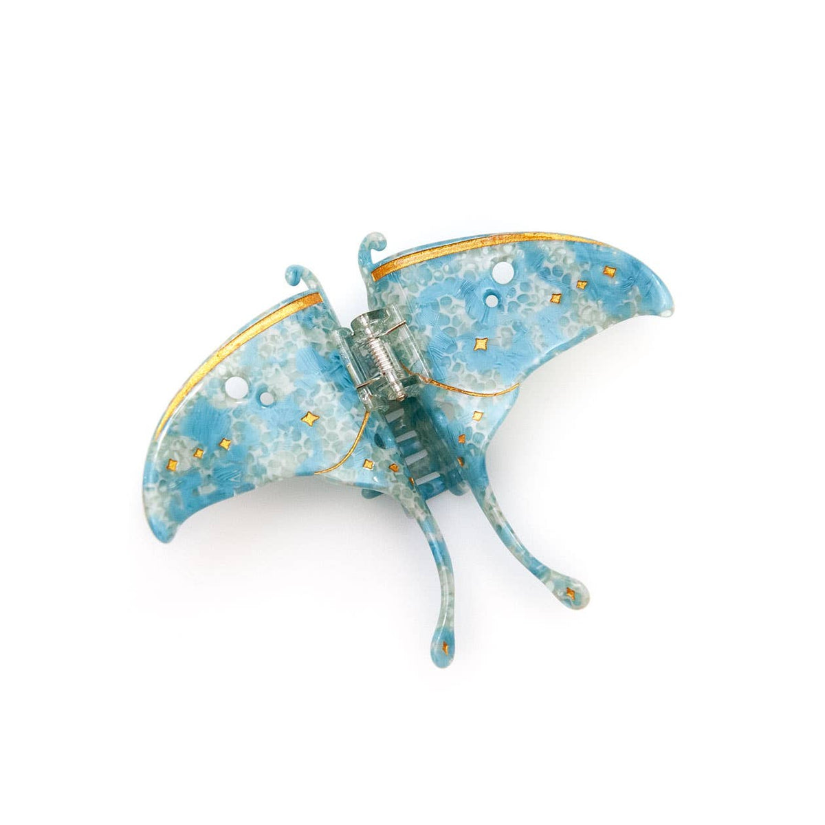 Luna Moth Hair Claw Clip in blue acetate, shaped like a moth with gold accents and a dotted pattern.