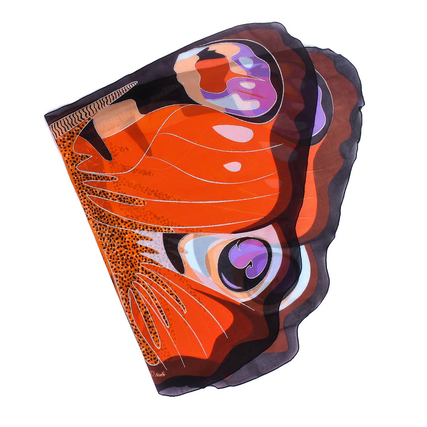 The Natural Butterfly & Moth Wings: Buckeye Bfly is a silk scarf with vibrant abstract butterfly wing patterns in orange, black, purple, and white—ideal for imaginative play or dress-up as bold, flowing butterfly wings.