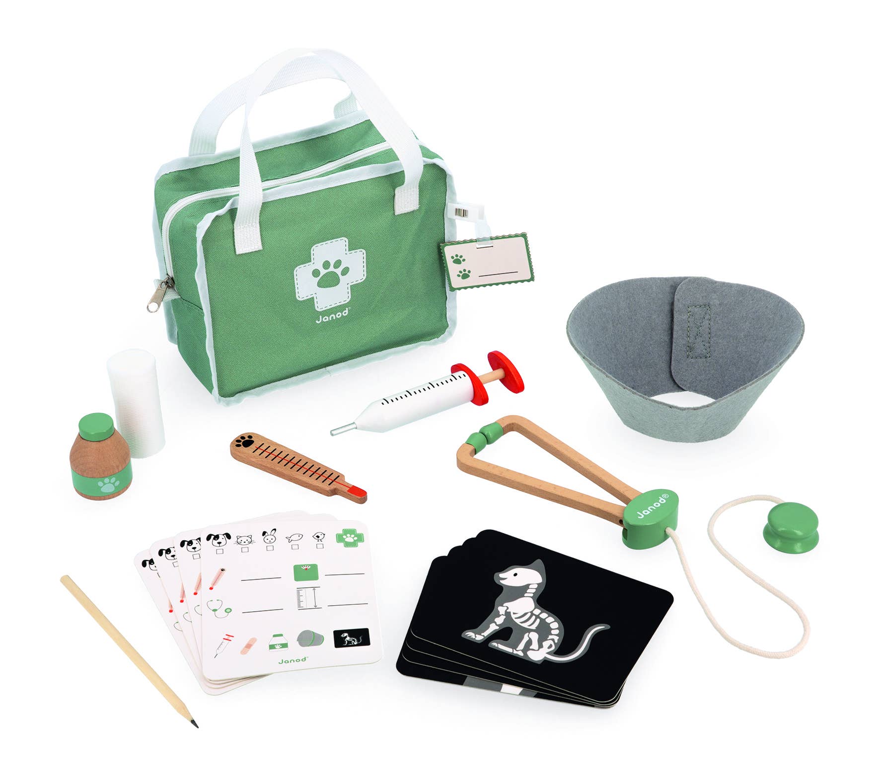 The Pretend Play Occupational Toy Vet Set includes 15 accessories like a soft bag, syringe, cone collar, stethoscope, medicine bottle, wooden tools, pencil, and animal cards—perfect for hours of imaginative pet care fun.