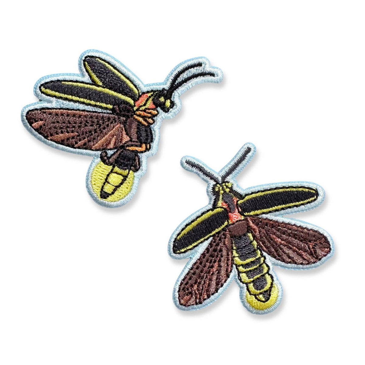 Two Common Eastern Firefly Iron-On Embroidered Patches, one shown in profile and one from above, featuring black, brown, and yellow thread.