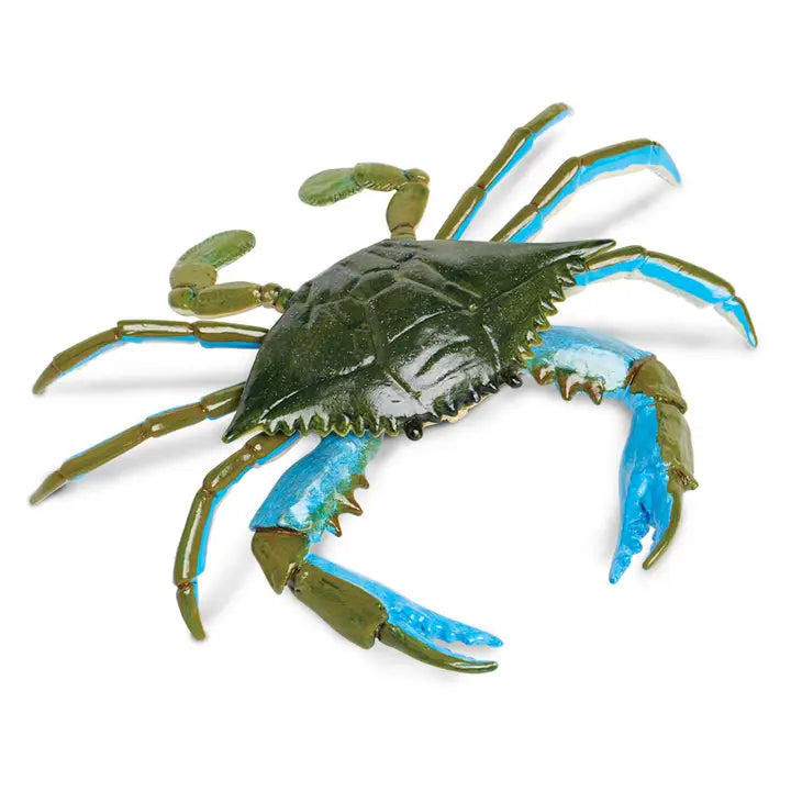 The Blue Crab is a realistic model featuring a dark green shell, light green legs, and bright blue highlights on its claws and legs, displayed against a white background.