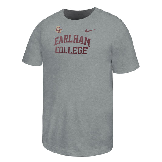 Showcasing the Nike Youth Cotton Tee: this gray cotton short sleeve features maroon “Earlham College” text with a small EC logo above, plus a maroon Nike swoosh on the right shoulder. A classic choice for any youth wardrobe.