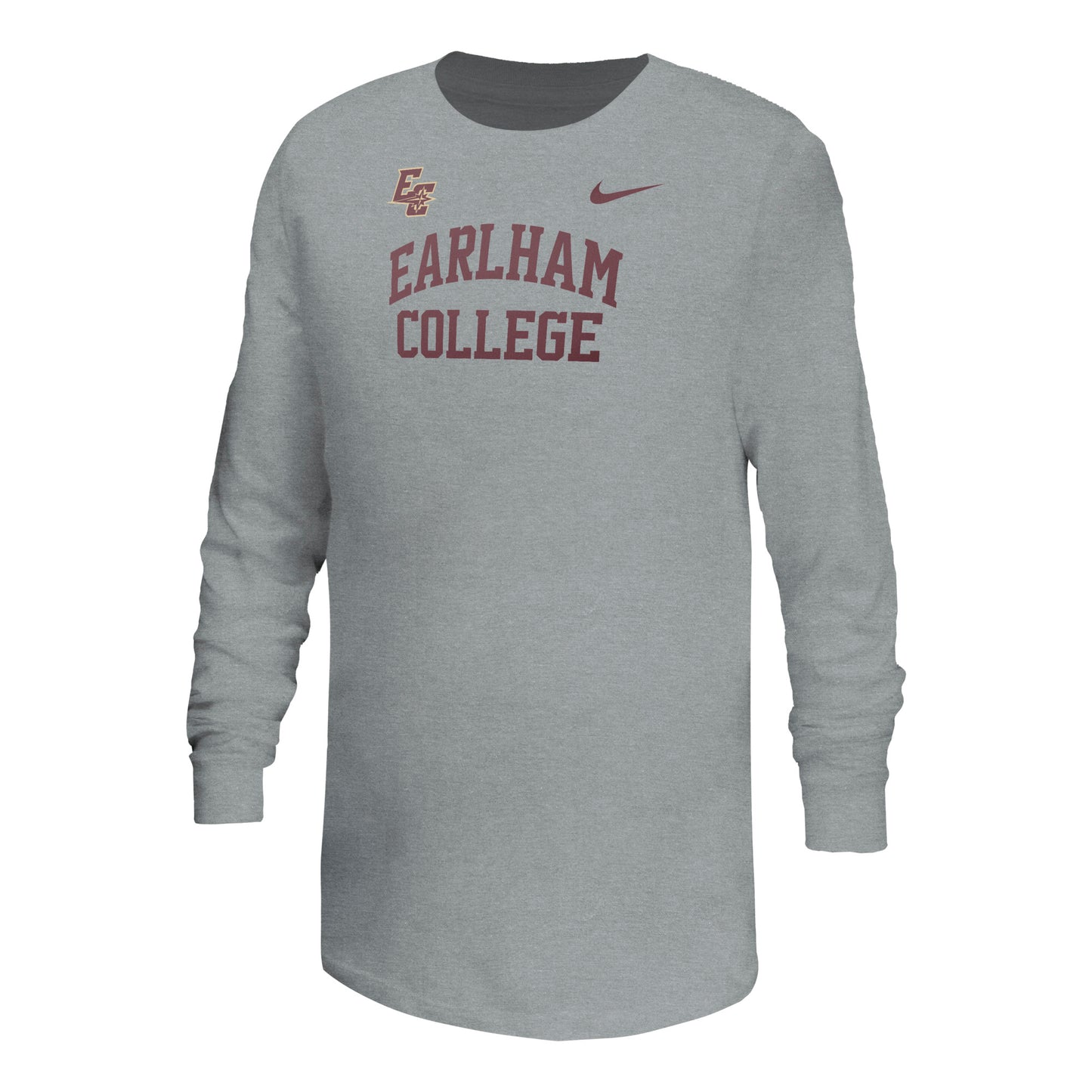 A gray Nike Youth Cotton LS Tee made of core cotton, featuring maroon “EARLHAM COLLEGE” text, a small Nike logo, and an EC logo on the upper chest.