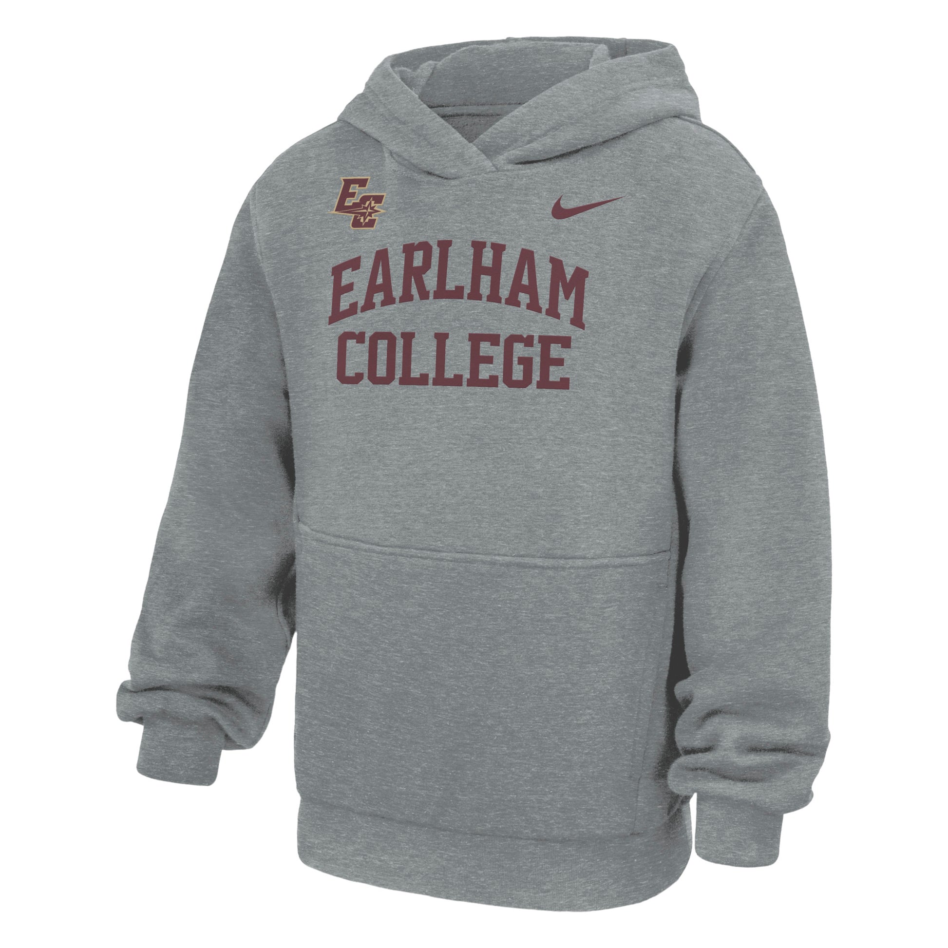 Nike Youth Club Fleece Hood in gray, featuring “Earlham College” in maroon lettering across the front, a maroon Nike logo, and an EC insignia on the left shoulder.