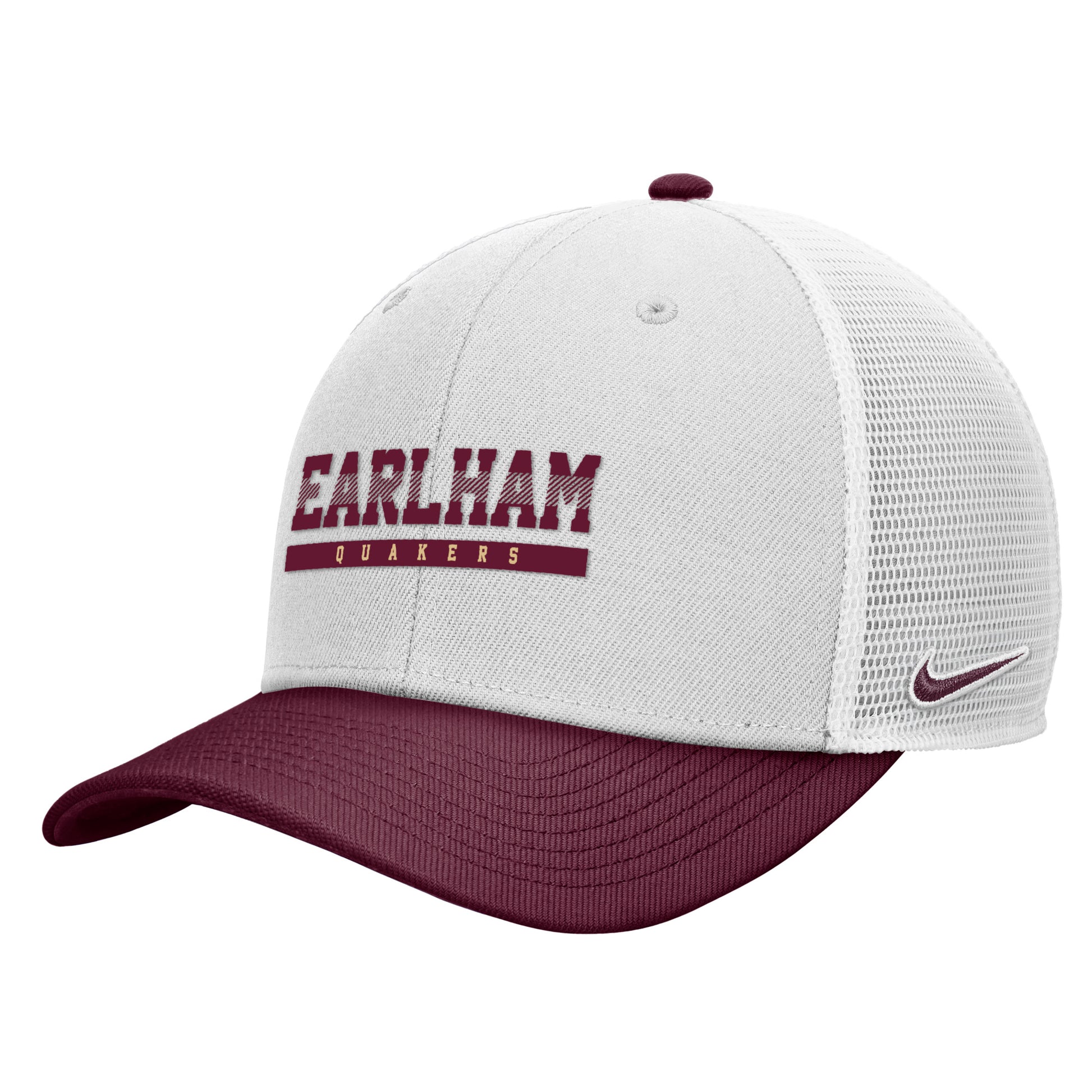 Introducing the Nike Foam Trucker Hat in white and maroon, featuring “EARLHAM QUAKERS” text on the front. This lightweight hat is designed with a foam front panel, breathable mesh back, and a maroon bill for style and comfort.