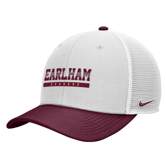 Introducing the Nike Foam Trucker Hat in white and maroon, featuring “EARLHAM QUAKERS” text on the front. This lightweight hat is designed with a foam front panel, breathable mesh back, and a maroon bill for style and comfort.