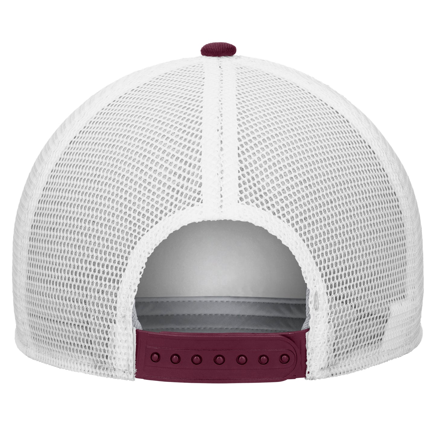 Back view of the Nike Foam Trucker Hat in white mesh, featuring a maroon adjustable snapback closure. This lightweight cap is crafted with see-through mesh panels and finished with a small maroon button at the top.