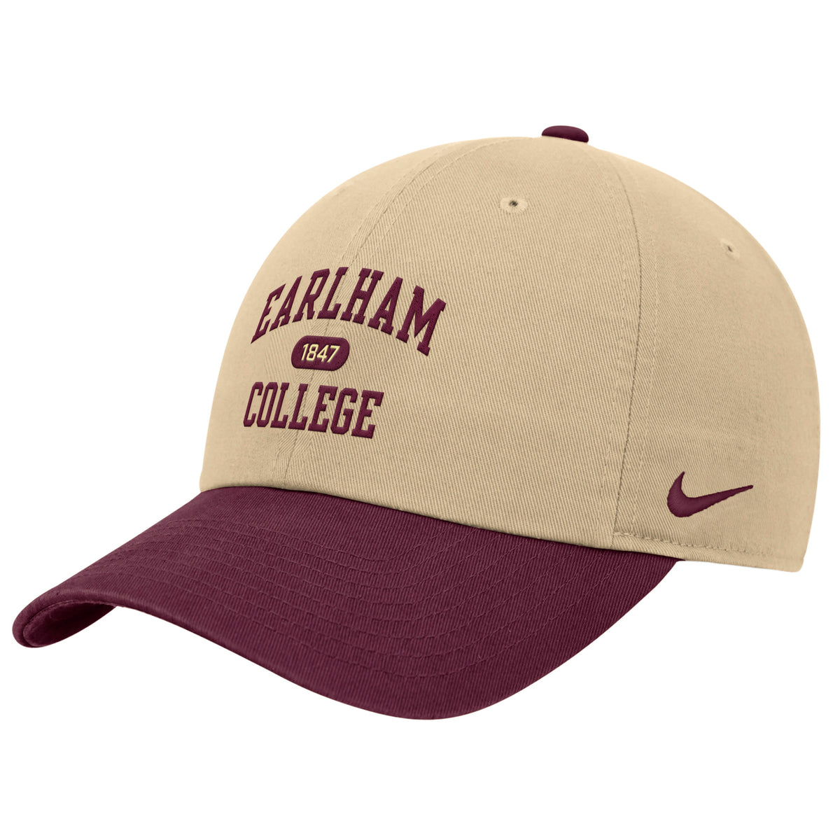 A tan and maroon Nike Club Colorblock Cap featuring “Earlham College 1847” embroidered on the front in maroon letters, with a maroon Nike swoosh on the side.