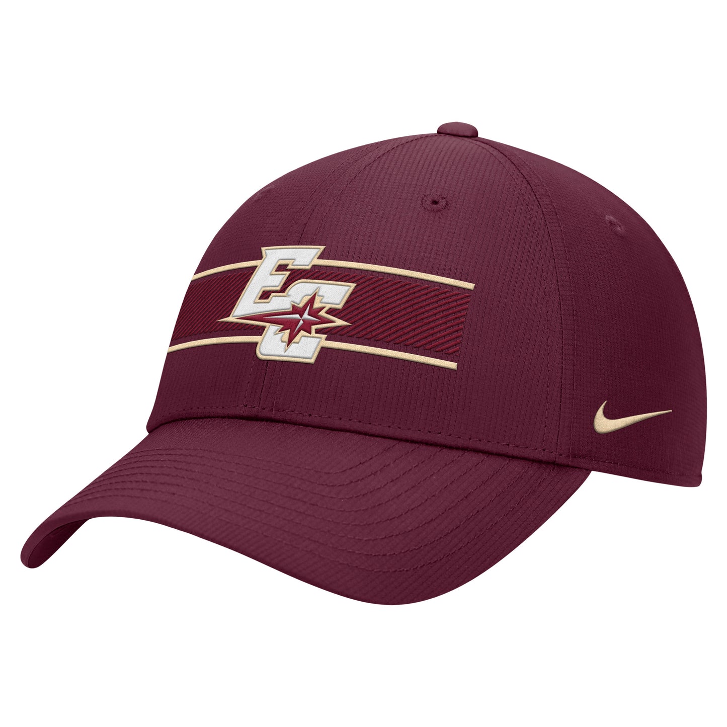 The Nike Club Lightweight Cap in maroon features a gold swoosh and a stylized EC logo with a star and stripe design on the front, offering both durability and standout style.