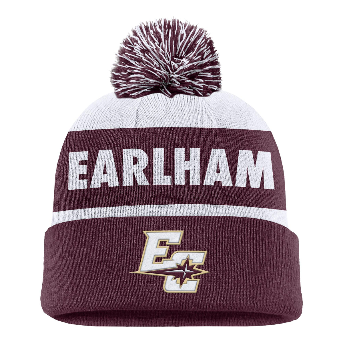 The Nike Stripe Pom Beanie is a knit hat with a pom-pom, displaying “EARLHAM” in white on a maroon and white striped background, and featuring an EC logo with a star on the maroon cuff.
