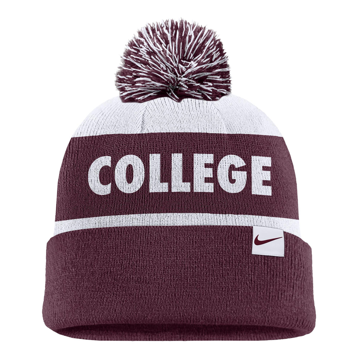 A maroon and white Nike Stripe Pom Beanie featuring a pom-pom on top, bold white “COLLEGE” lettering, and a small Nike logo on the cuff.