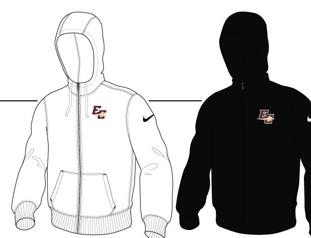 Two Nike Full Zip Club Fleece Hood jackets are shown: one with a white outline, the other in solid black. Both have a front zipper, side pockets, a Nike logo on the sleeve, and an EC logo on the chest.