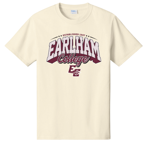 The Mesh Print Tee is a cream-colored T-shirt with "Earlham College" in bold maroon and white letters, "Established 1847" above, and the college logo with "EC" initials below.