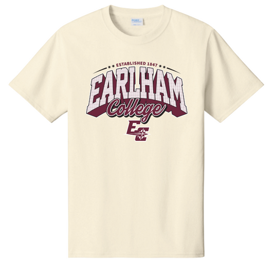 The Mesh Print Tee is a cream-colored T-shirt with "Earlham College" in bold maroon and white letters, "Established 1847" above, and the college logo with "EC" initials below.