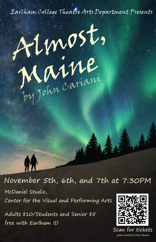 Theater poster for Almost Maine (General Admission, Adult) featuring a silhouette of two people under green northern lights, with event details for November 5th, location, ticket prices, and a QR code for play tickets.