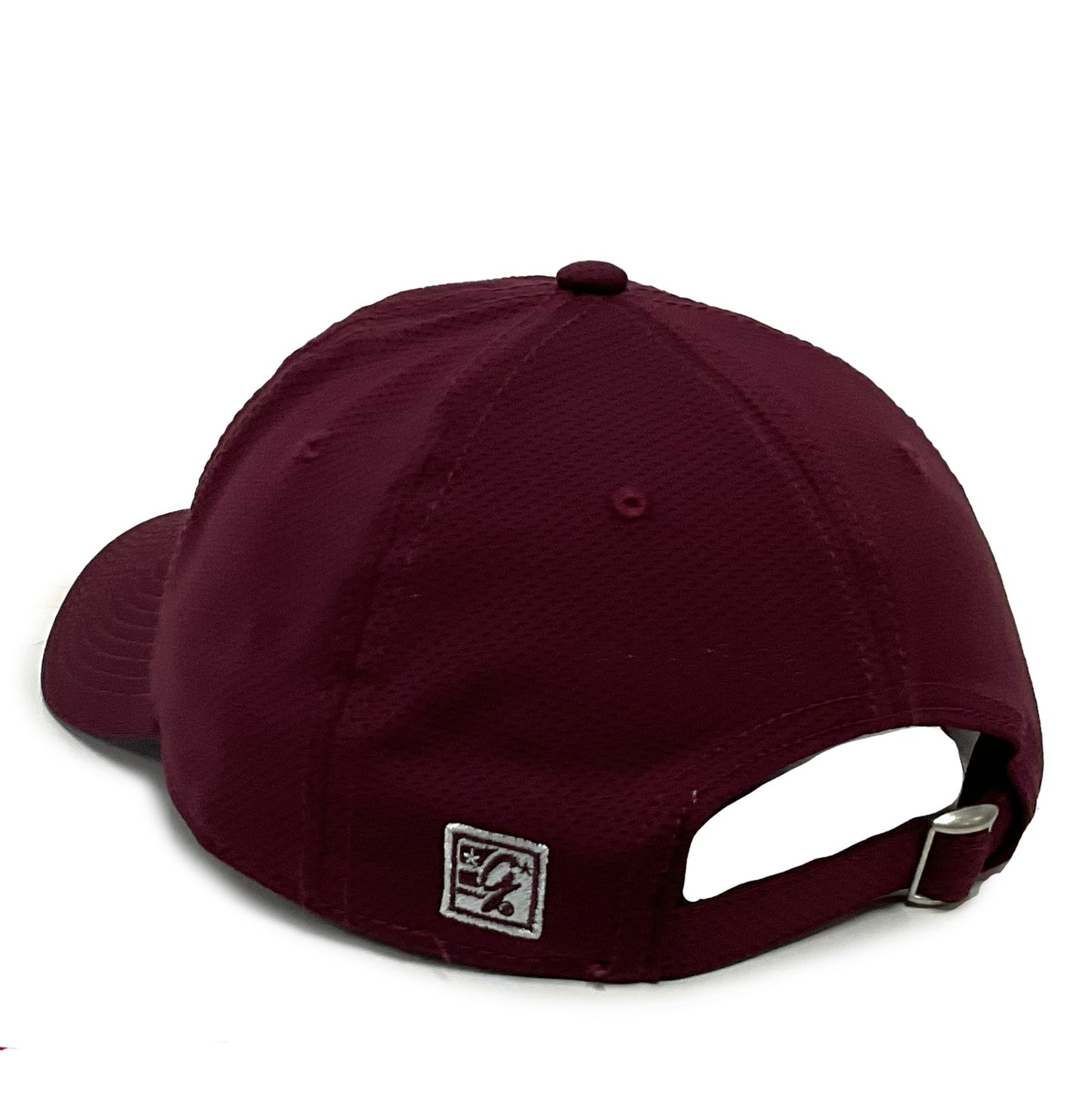 A maroon EC Cooling Cap shown from the back, featuring an adjustable strap with a metal buckle and a small square logo near the strap opening.