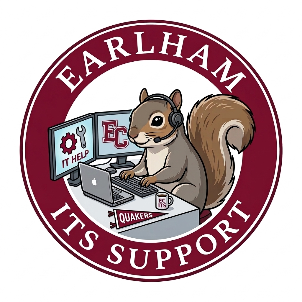 A cartoon squirrel with a headset sits at a desk with two monitors labeled IT Help and EC. The desk has a mug, papers, and a Quakers sign. Text reads: For ITS Service Fee support, call 765-973-2000 with your order number.
