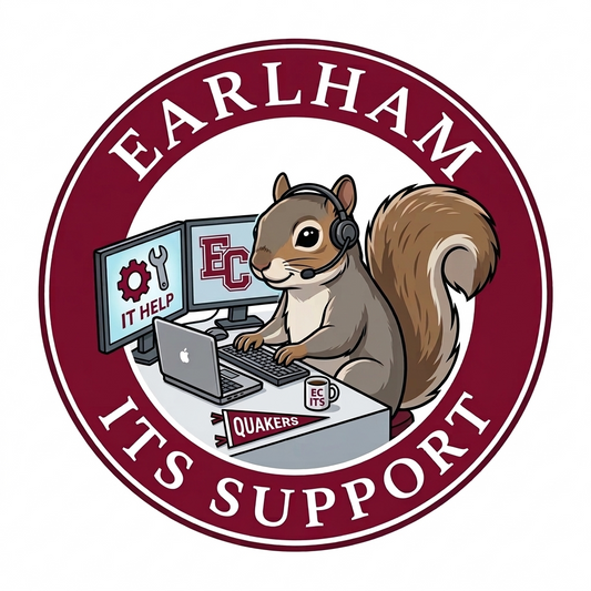 A cartoon squirrel with a headset sits at a desk with two monitors labeled IT Help and EC. The desk has a mug, papers, and a Quakers sign. Text reads: For ITS Service Fee support, call 765-973-2000 with your order number.