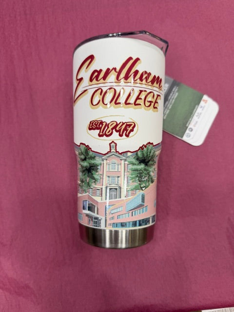 The Campus Tumbler 20oz is a white travel tumbler with "Earlham College" and "Est. 1847" in red and gold, plus an illustrated campus building. It's shown on a pink surface with a tag attached.
