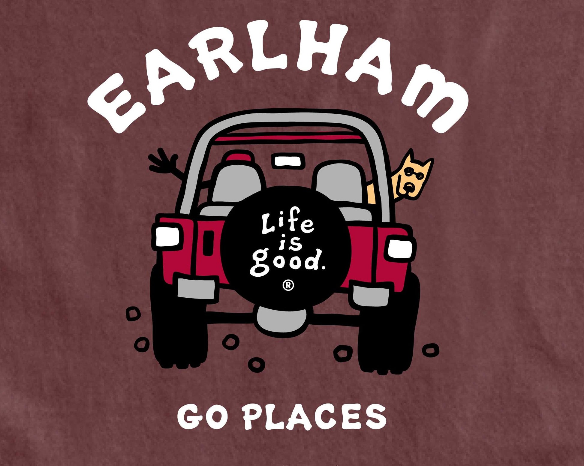 Illustration of a red jeep with a dog and waving hand, “EARLHAM” above, “Life is Good” on the tire cover, and “GO PLACES” below. Earlham Vinyl Stickers.