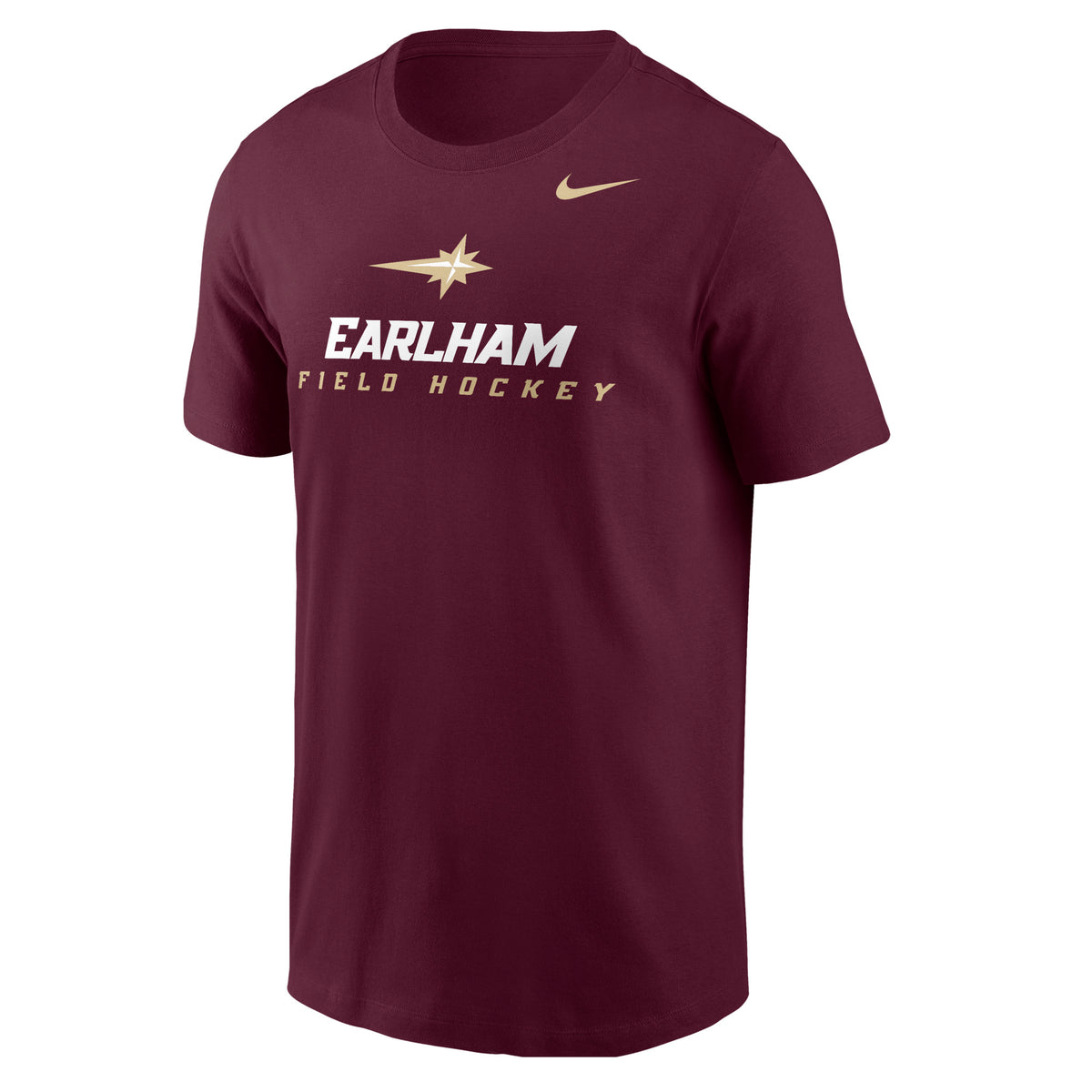 Maroon Nike Sports Tee featuring “Earlham Field Hockey” and a gold star logo printed on the chest.
