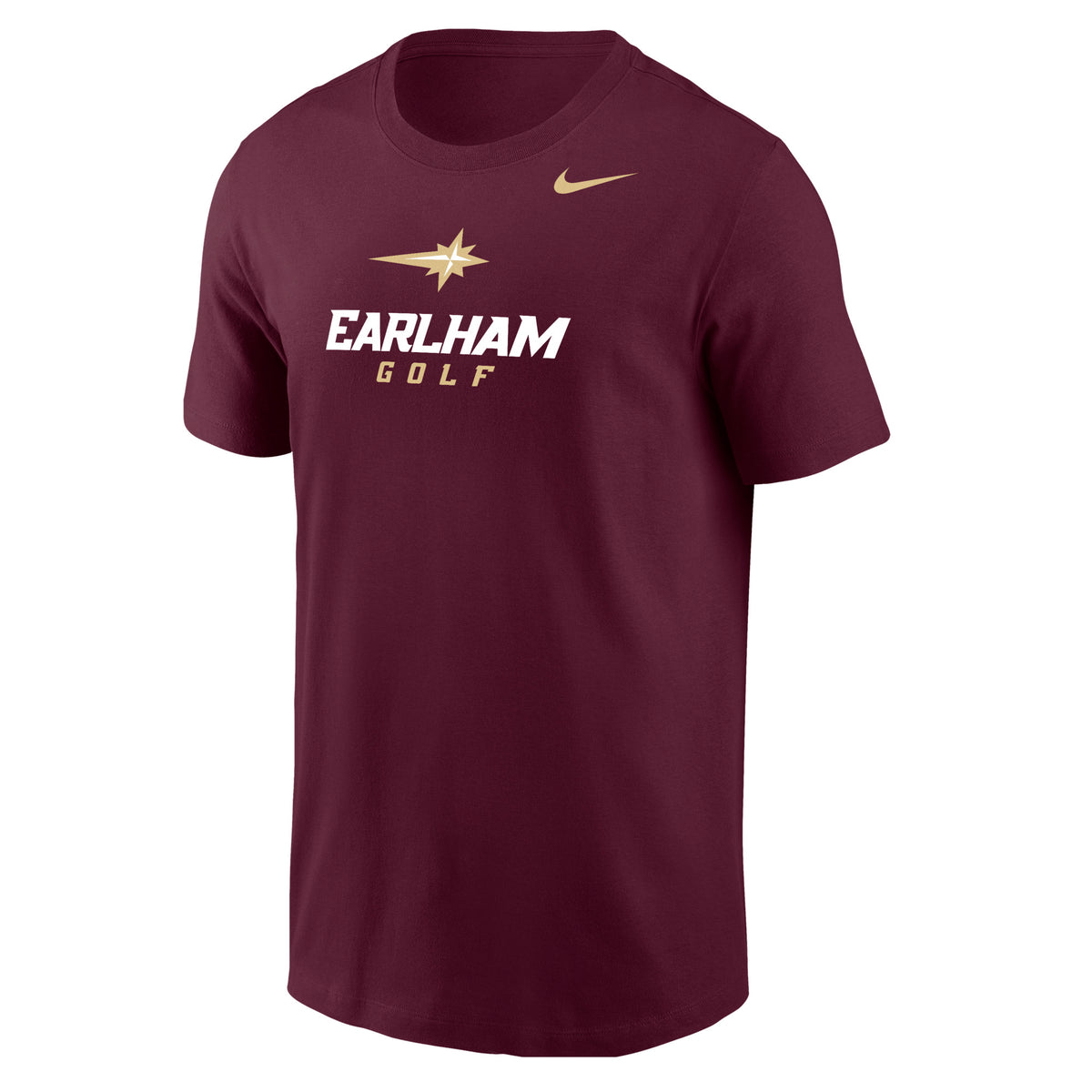 Nike Sports Tees: Maroon t-shirt featuring “EARLHAM GOLF” and a star logo in white and gold on the chest, with a gold Nike swoosh on the right side.