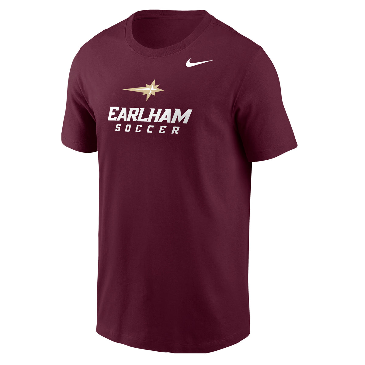 A maroon Nike Sports Tee featuring the Nike logo and a gold star above the words “EARLHAM SOCCER” in white text.