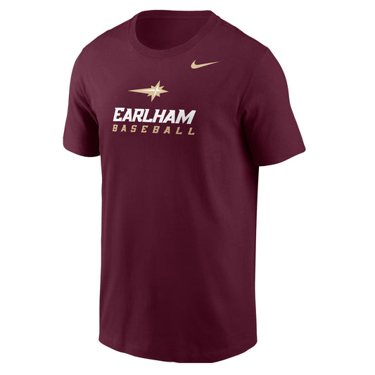 A maroon Nike Sports Tee featuring a gold star logo and the words “Earlham Baseball” in white and gold lettering on the front.