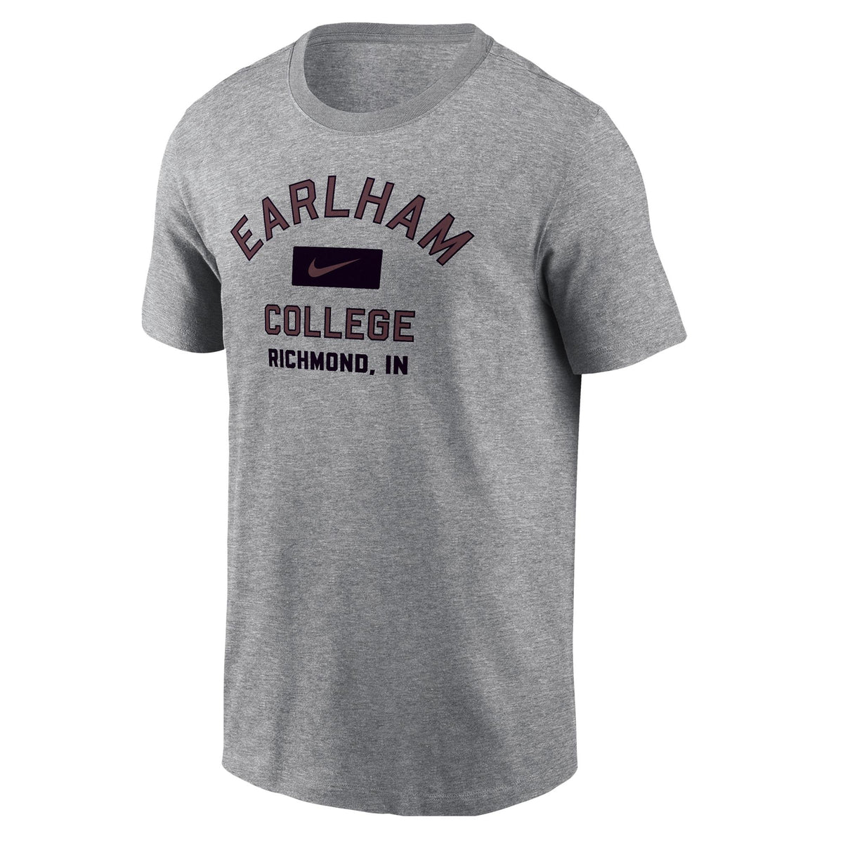 Nike Core Tee, Grey – short-sleeve t-shirt in gray featuring “EARLHAM COLLEGE RICHMOND, IN” in maroon and a black Nike logo on the chest.