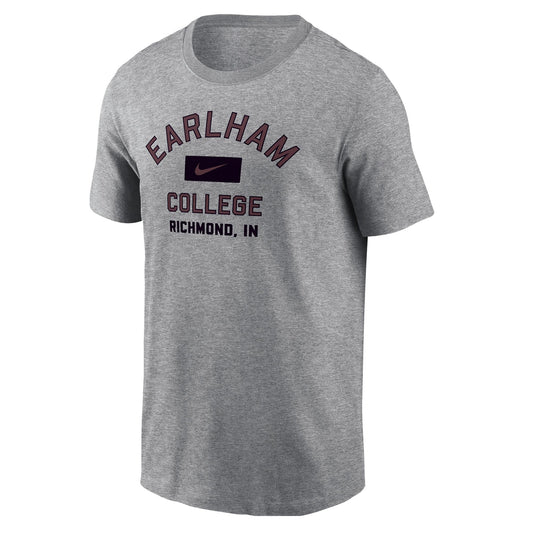 Nike Core Tee, Grey – short-sleeve t-shirt in gray featuring “EARLHAM COLLEGE RICHMOND, IN” in maroon and a black Nike logo on the chest.
