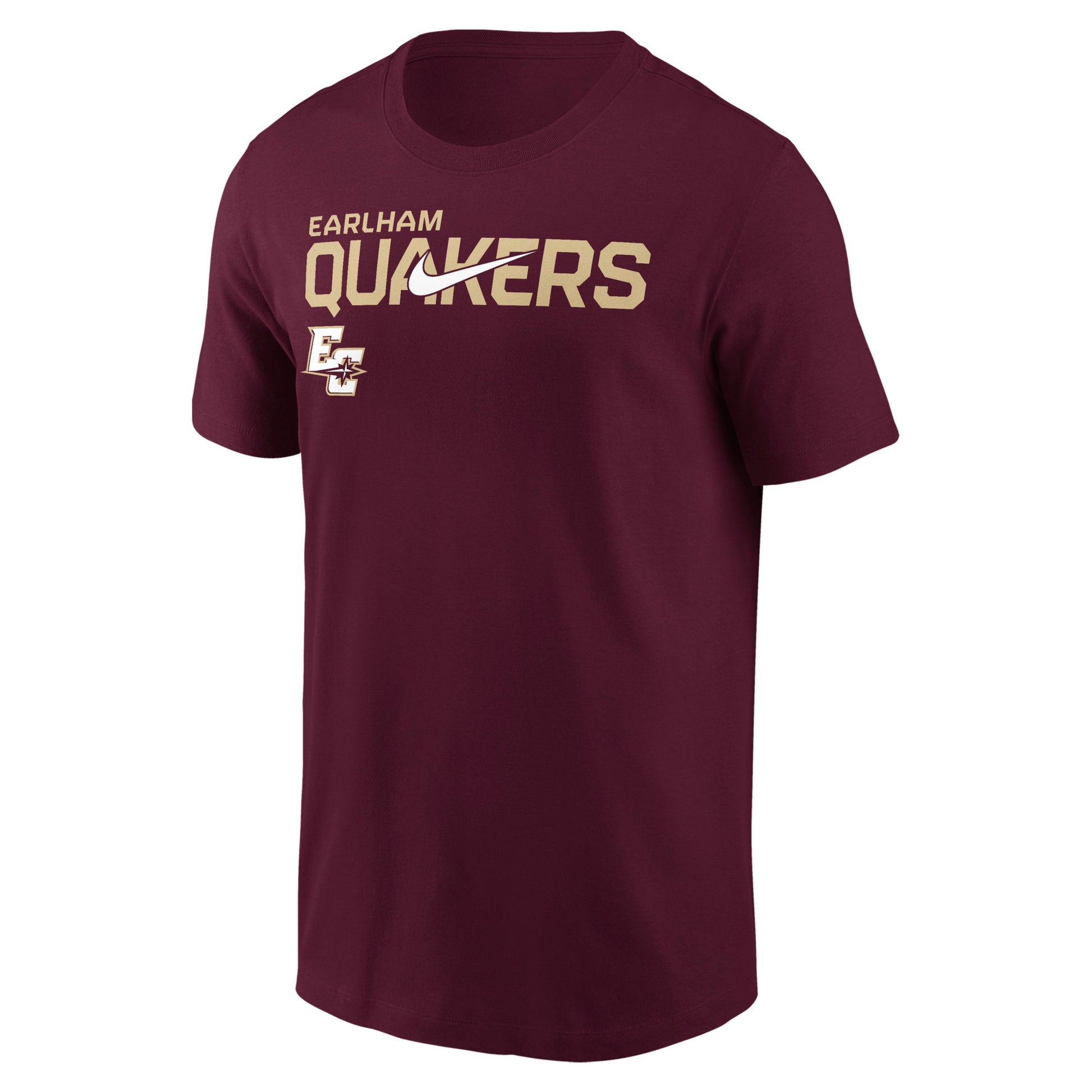 Maroon Nike Quakers Legend Tee featuring the words “Earlham Quakers” in gold letters and a small EC logo with a quaker hat below the text.