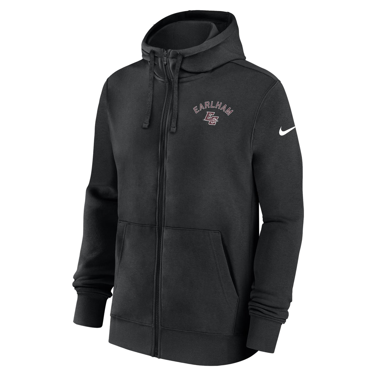 Nike Full Zip Hood, Earlham EC is a black zip-up hoodie featuring a front pocket, “EARLHAM” and a logo on the chest, and a white Nike swoosh on the left sleeve. It has a drawstring hood and ribbed cuffs.