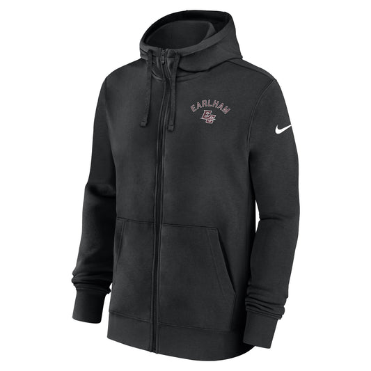 Nike Full Zip Hood, Earlham EC is a black zip-up hoodie featuring a front pocket, “EARLHAM” and a logo on the chest, and a white Nike swoosh on the left sleeve. It has a drawstring hood and ribbed cuffs.