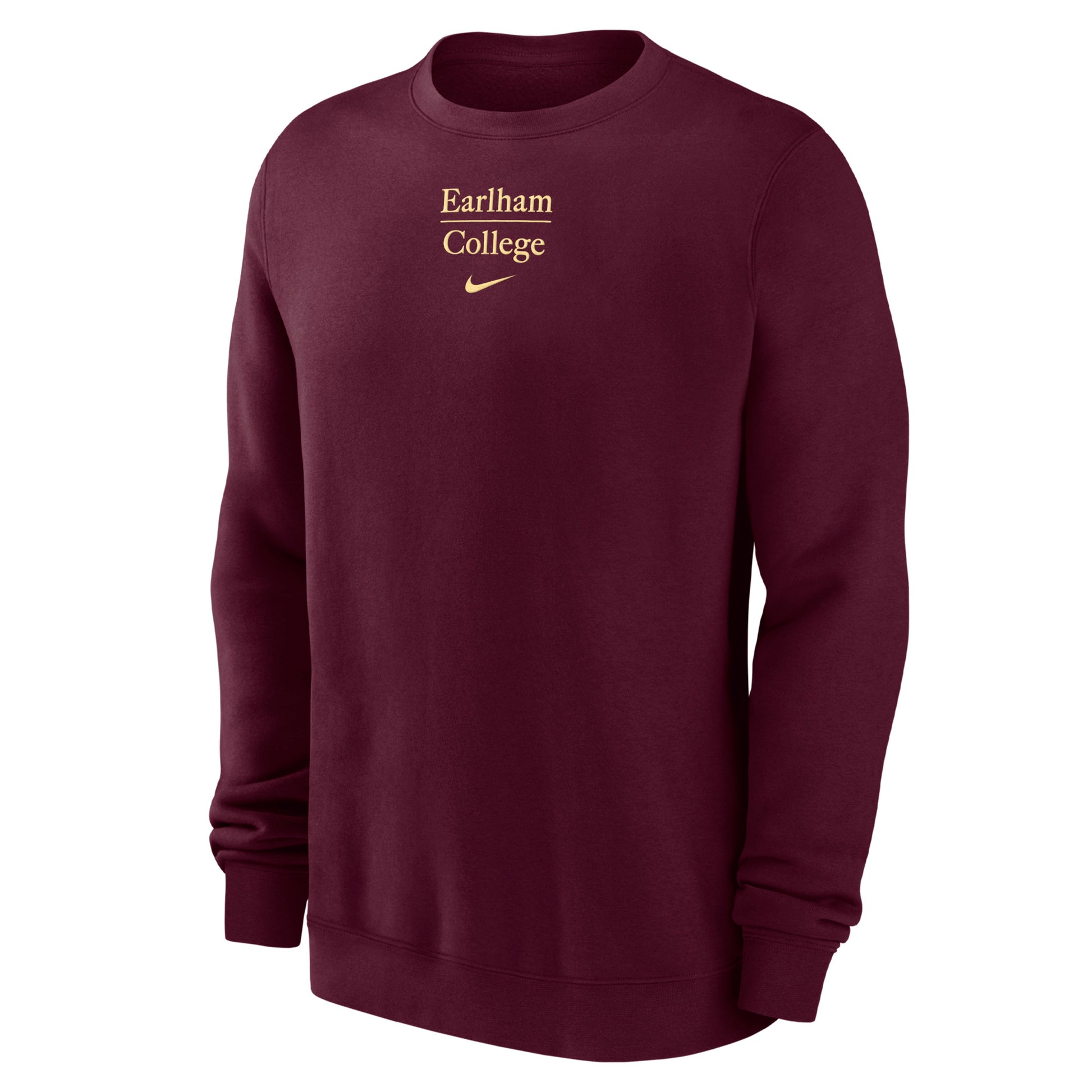 A maroon Nike Embroidered Club Fleece crewneck sweatshirt featuring “Earlham College” and a yellow embroidered Nike swoosh logo on the chest.