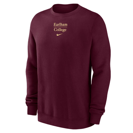 A maroon Nike Embroidered Club Fleece crewneck sweatshirt featuring “Earlham College” and a yellow embroidered Nike swoosh logo on the chest.