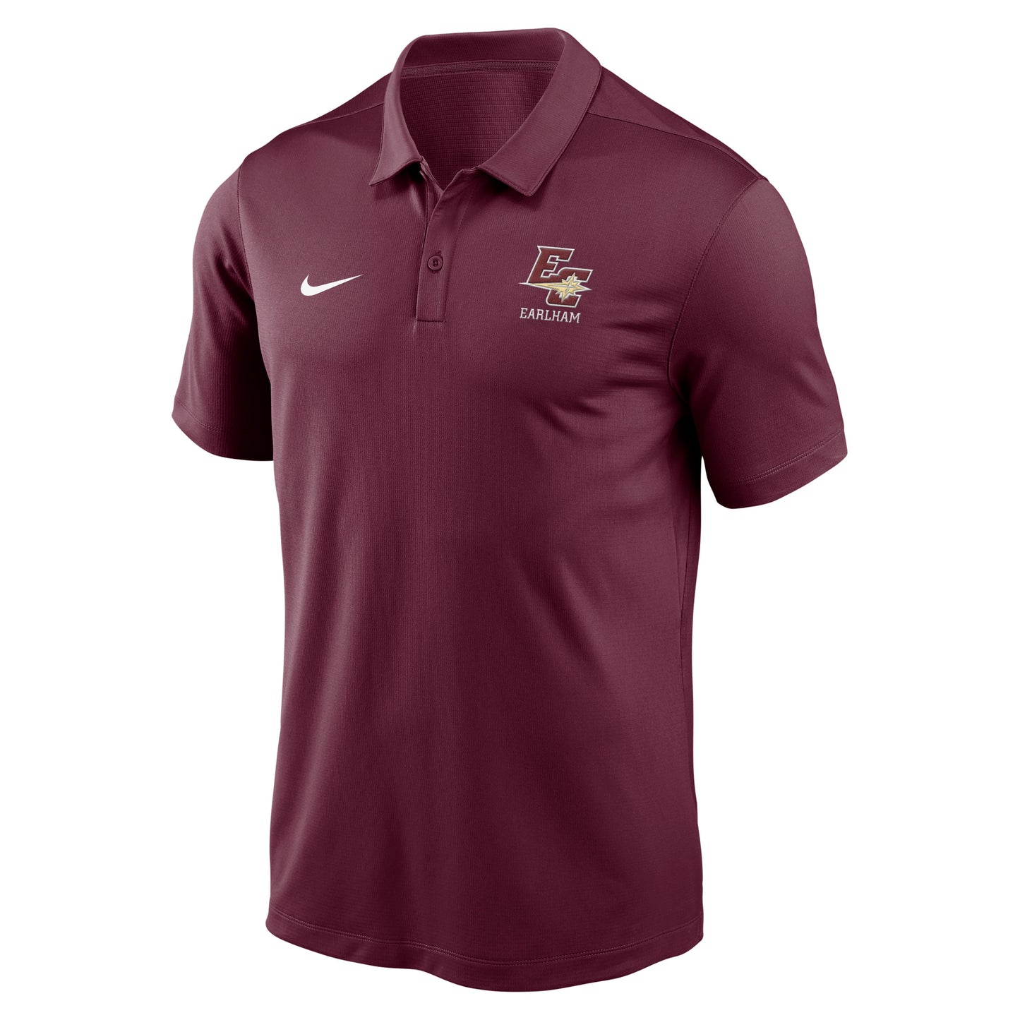 Nike Victory Polo in maroon, featuring a short-sleeve design with a Nike logo on the right chest and an Earlham emblem on the left chest. Includes a collar and button placket.