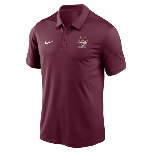 Nike Victory Polo in maroon, featuring a short-sleeve design with a Nike logo on the right chest and an Earlham emblem on the left chest. Includes a collar and button placket.