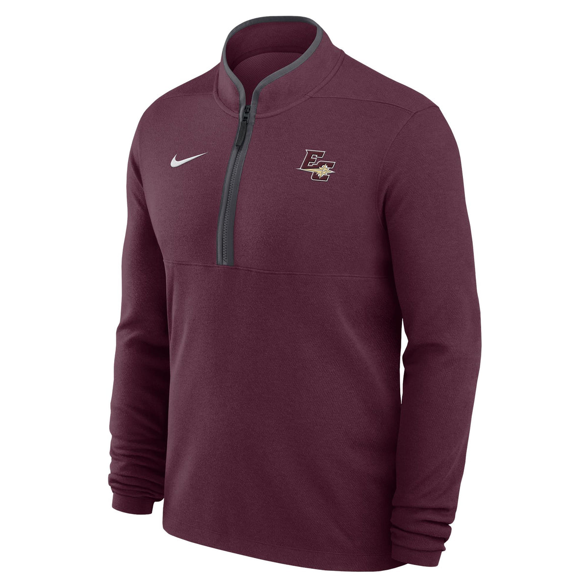 The Nike Dri-Fit 1/4 Zip is a maroon pullover featuring a gray collar lining, a Nike logo on the right chest, and an embroidered BC and eagle logo on the left chest. It has long sleeves and no visible pockets.