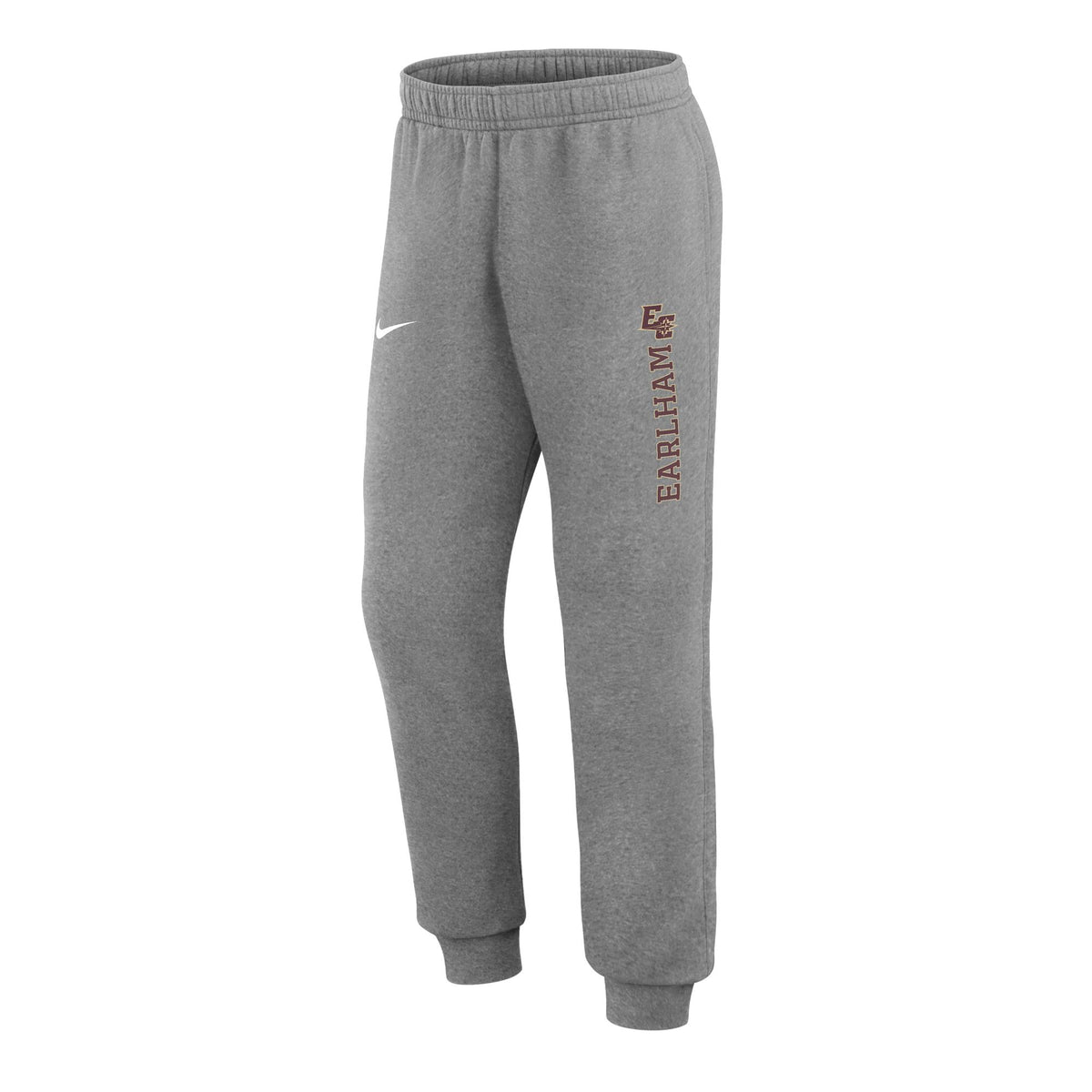 Nike Fleece Joggers, Grey, featuring an elastic waistband and cuffs, a small white Nike logo, and the word EARLHAM in red capital letters with a red E on the left leg.