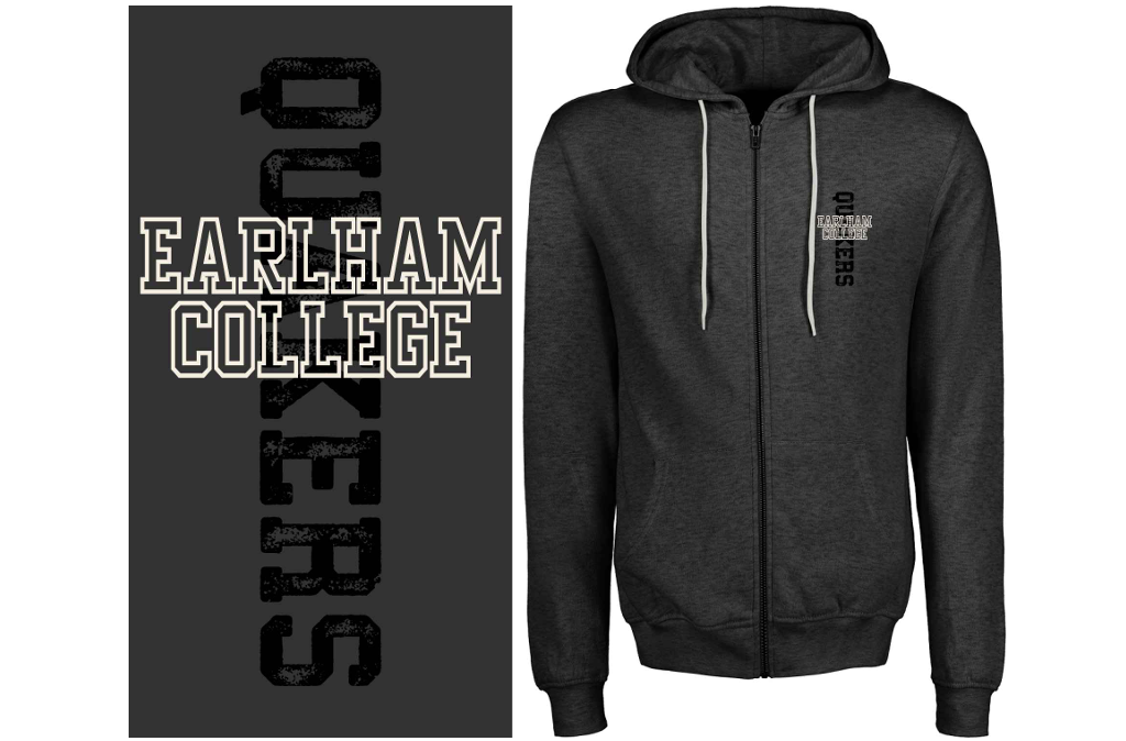 Dark gray hoodie with 'Earlham College' text on a white background