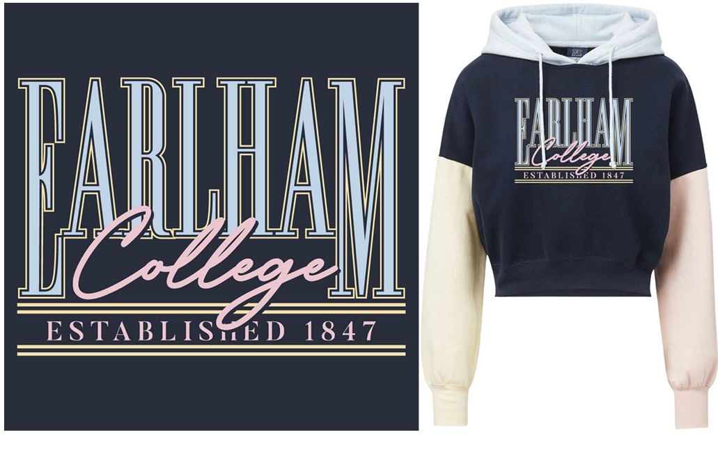 Navy hoodie with 'Earlham College Established 1847' text on a white background