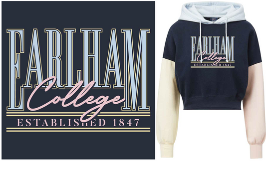 Navy hoodie with 'Earlham College Established 1847' text on a white background