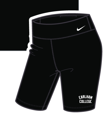 Nike One 7" Shorts in black, featuring a white Nike logo on the waistband and "Earlham College" printed in white on the left leg. Displayed on a plain background.