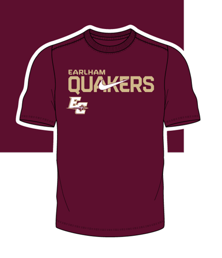 The Nike Quakers Legend Tee is a maroon t-shirt with “EARLHAM QUAKERS” in beige, a white Nike swoosh, and the EC Earlham College logo on the front. A maroon rectangle appears in the background.