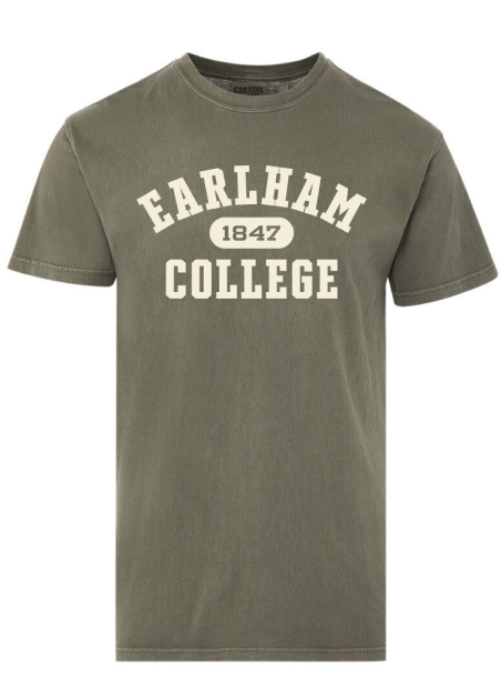 Olive Established Tee featuring “EARLHAM COLLEGE 1847” in bold, white, collegiate-style lettering across the chest.