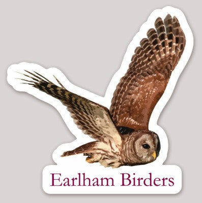 Sticker of an owl with 'Earlham Birders' text on a gray background