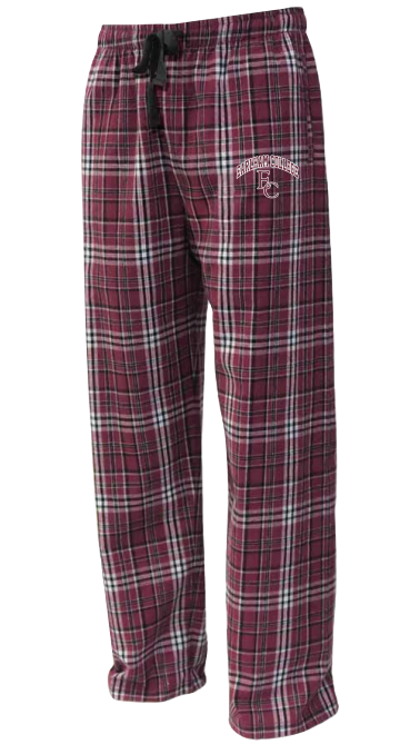 The EC Pajama Pants feature maroon, white, and black plaid flannel, side pockets, a black drawstring, and an embroidered Eagles logo on the upper left thigh.