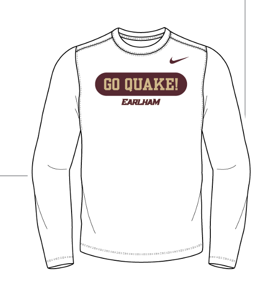 The Nike Long Sleeve Quake Tee is a white shirt that displays the text "GO QUAKE!" inside a maroon box above the word "EARLHAM," with a maroon Nike logo on the right shoulder.