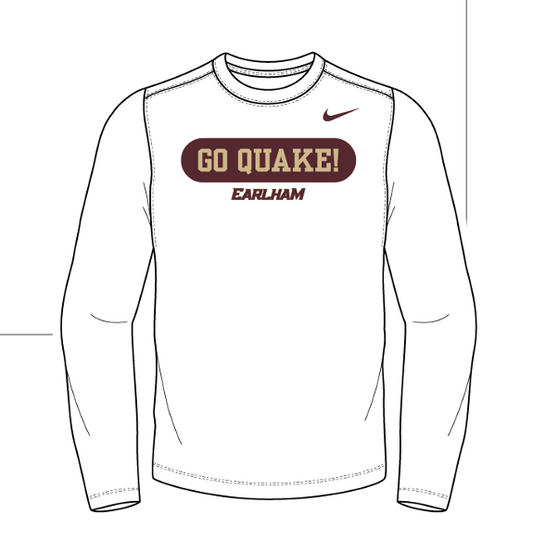 The Nike Long Sleeve Quake Tee is a white shirt that displays the text "GO QUAKE!" inside a maroon box above the word "EARLHAM," with a maroon Nike logo on the right shoulder.